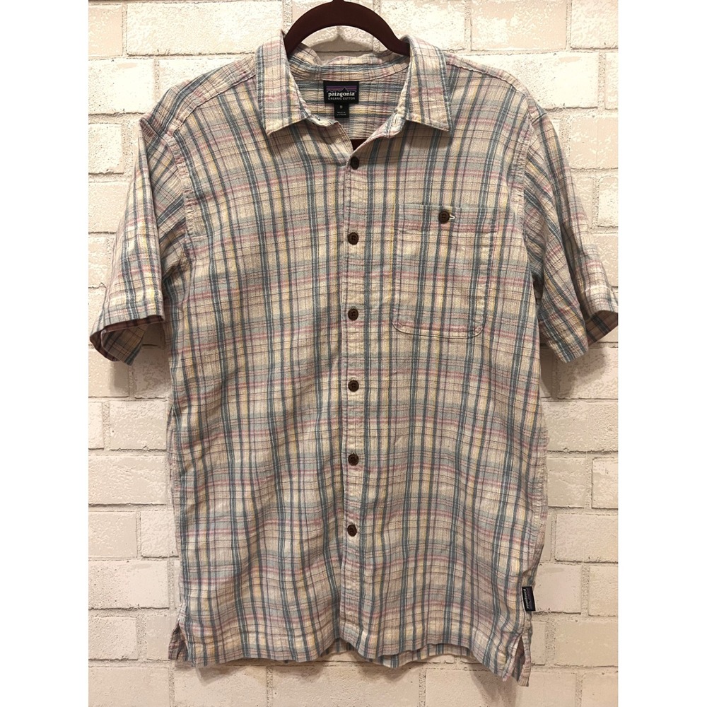 Patagonia Mens Short Sleeve Plaid Organic Cotton Shirt 52921 SP20 Cream Blue M‎
